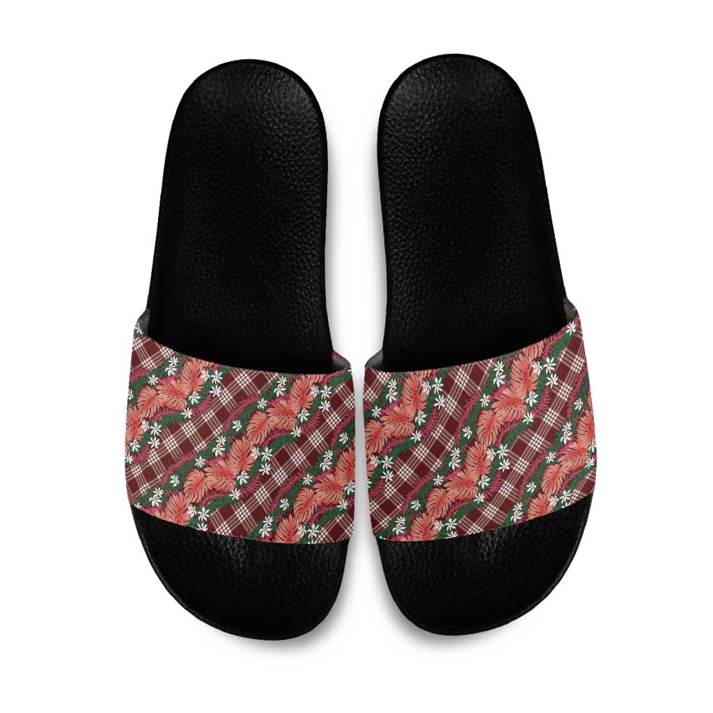 Polynesian Monstera Tiare Floral Slide Sandals Burgundy Tropical Plaid - Polynesian Pride