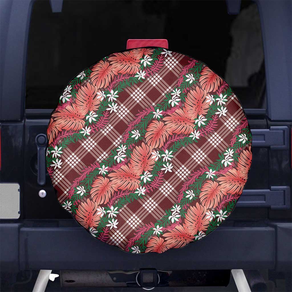 Polynesian Monstera Tiare Floral Spare Tire Cover Burgundy Tropical Plaid - Polynesian Pride