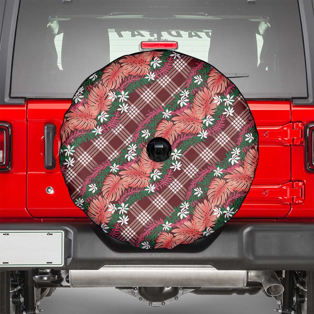 Polynesian Monstera Tiare Floral Spare Tire Cover Burgundy Tropical Plaid - Polynesian Pride
