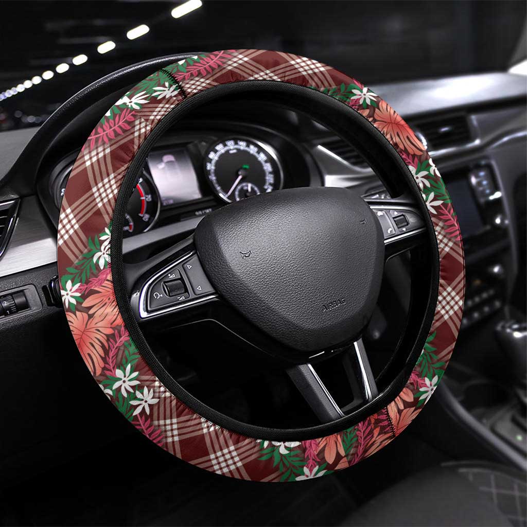 Polynesian Monstera Tiare Floral Steering Wheel Cover Burgundy Tropical Plaid LT01 Universal Fit Red - Polynesian Pride