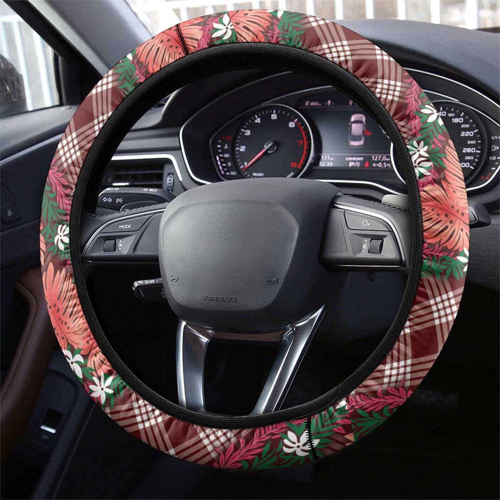 Polynesian Monstera Tiare Floral Steering Wheel Cover Burgundy Tropical Plaid LT01 - Polynesian Pride