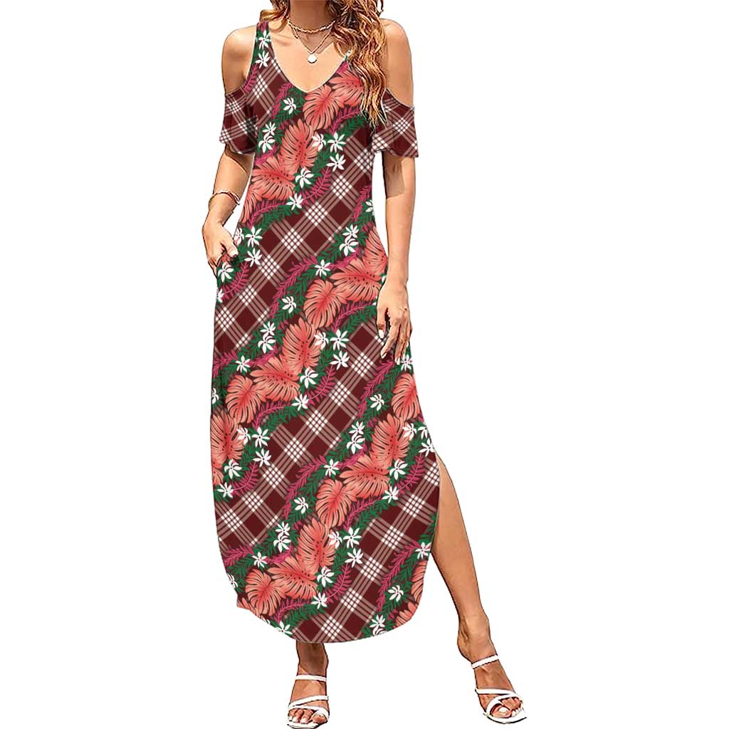 Polynesian Monstera Tiare Floral Summer Maxi Dress Burgundy Tropical Plaid - Polynesian Pride