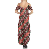Polynesian Monstera Tiare Floral Summer Maxi Dress Burgundy Tropical Plaid - Polynesian Pride