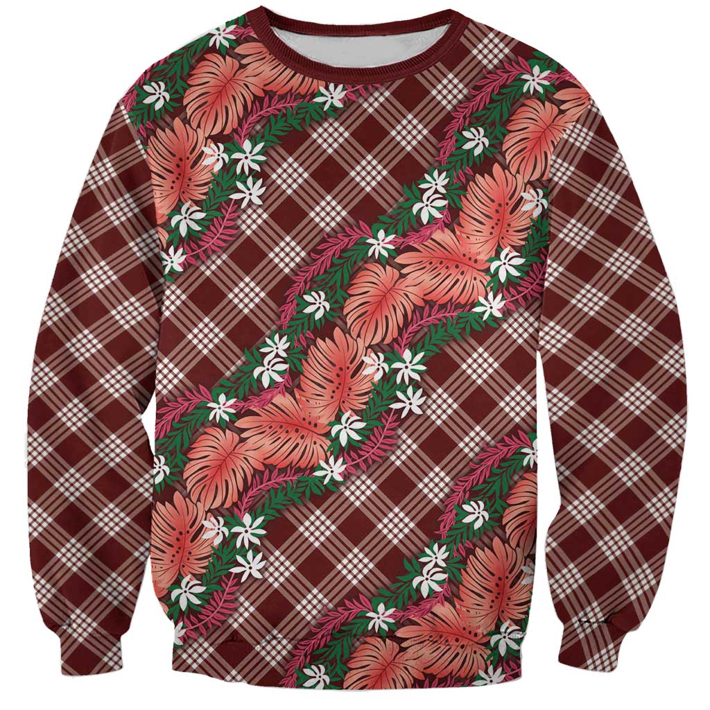 Polynesian Monstera Tiare Floral Sweatshirt Burgundy Tropical Plaid LT01 Unisex Red - Polynesian Pride