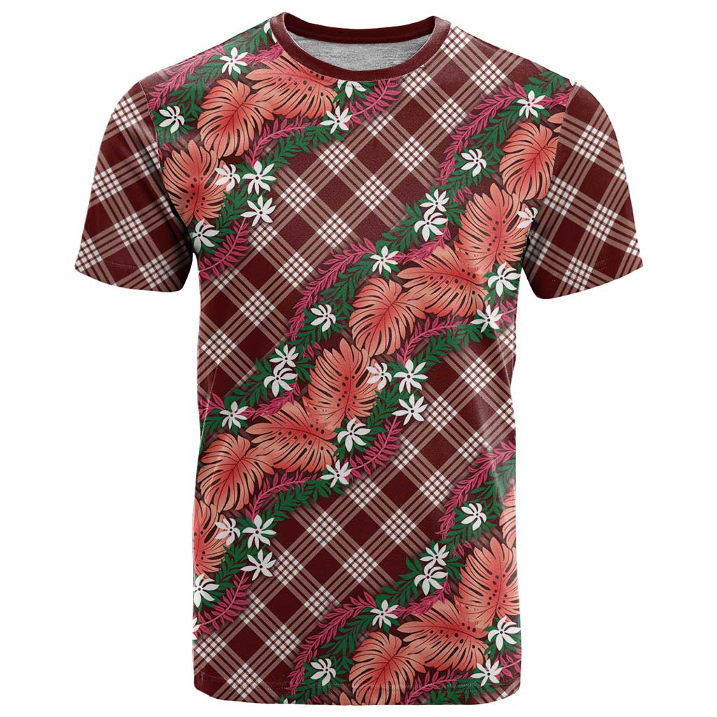 Polynesian Monstera Tiare Floral T Shirt Burgundy Tropical Plaid LT01 Red - Polynesian Pride