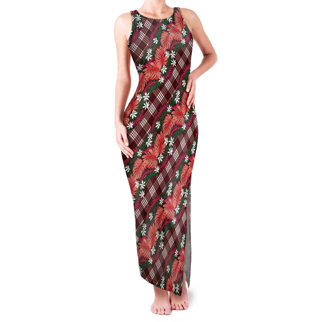 Polynesian Monstera Tiare Floral Tank Maxi Dress Burgundy Tropical Plaid LT01 Women Red - Polynesian Pride