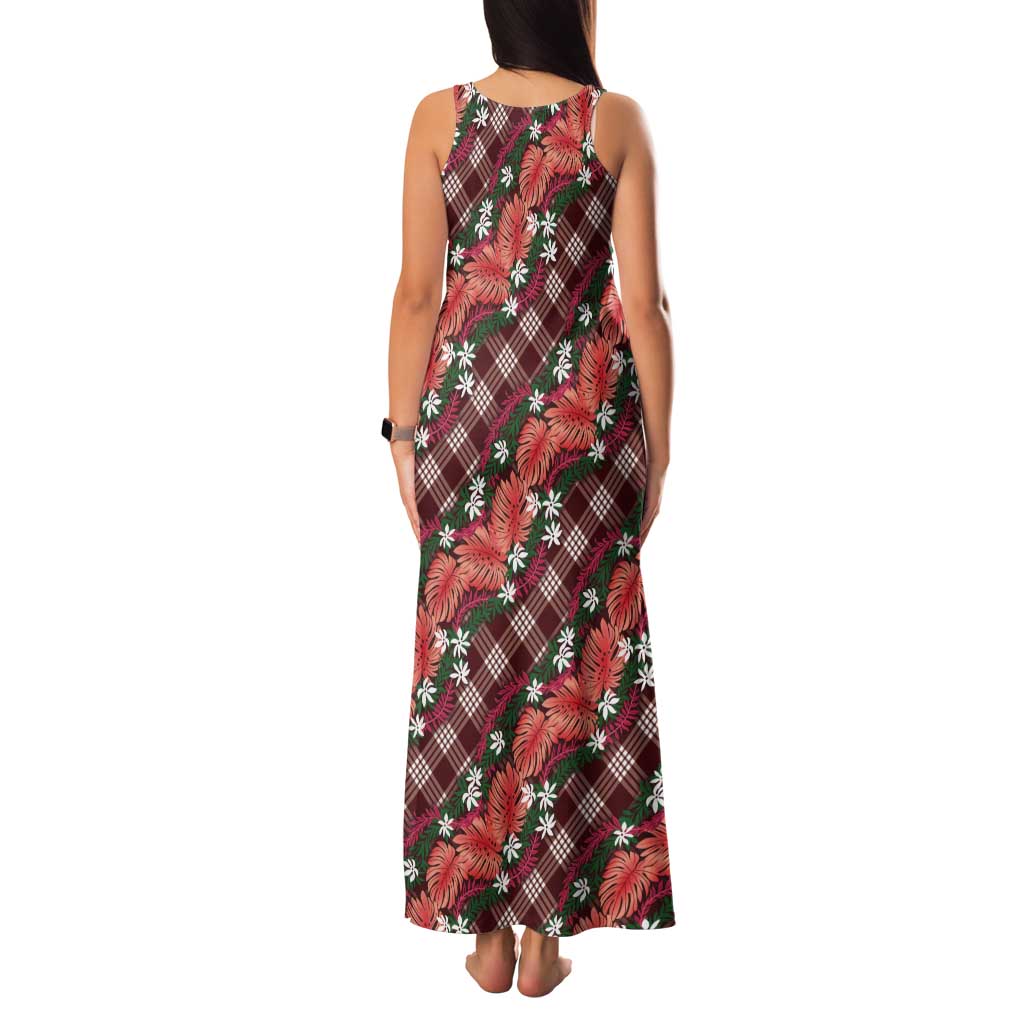 Polynesian Monstera Tiare Floral Tank Maxi Dress Burgundy Tropical Plaid LT01 - Polynesian Pride
