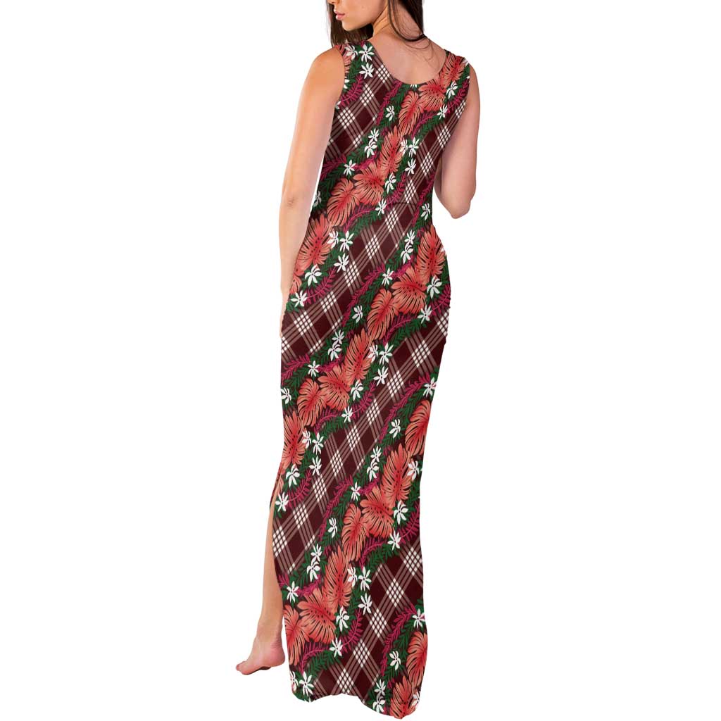 Polynesian Monstera Tiare Floral Tank Maxi Dress Burgundy Tropical Plaid LT01 - Polynesian Pride