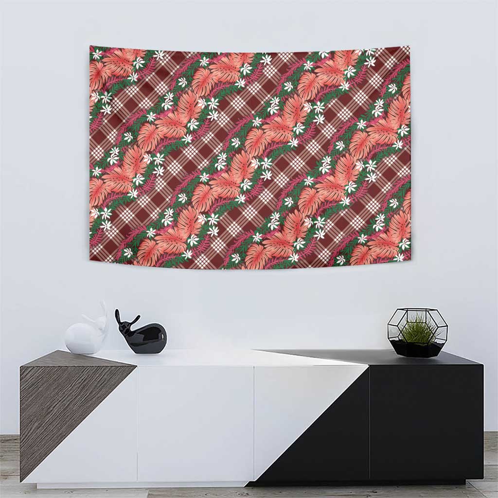 Polynesian Monstera Tiare Floral Tapestry Burgundy Tropical Plaid - Polynesian Pride