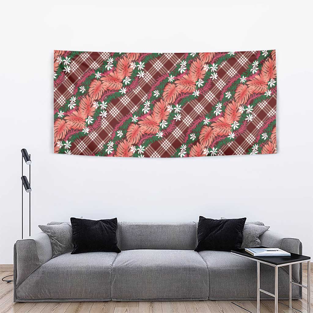 Polynesian Monstera Tiare Floral Tapestry Burgundy Tropical Plaid - Polynesian Pride
