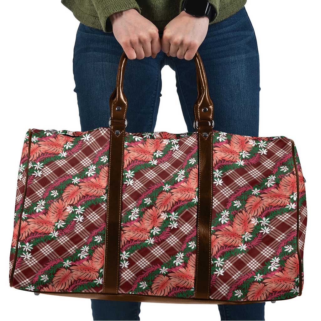 Polynesian Monstera Tiare Floral Travel Bag Burgundy Tropical Plaid - Polynesian Pride