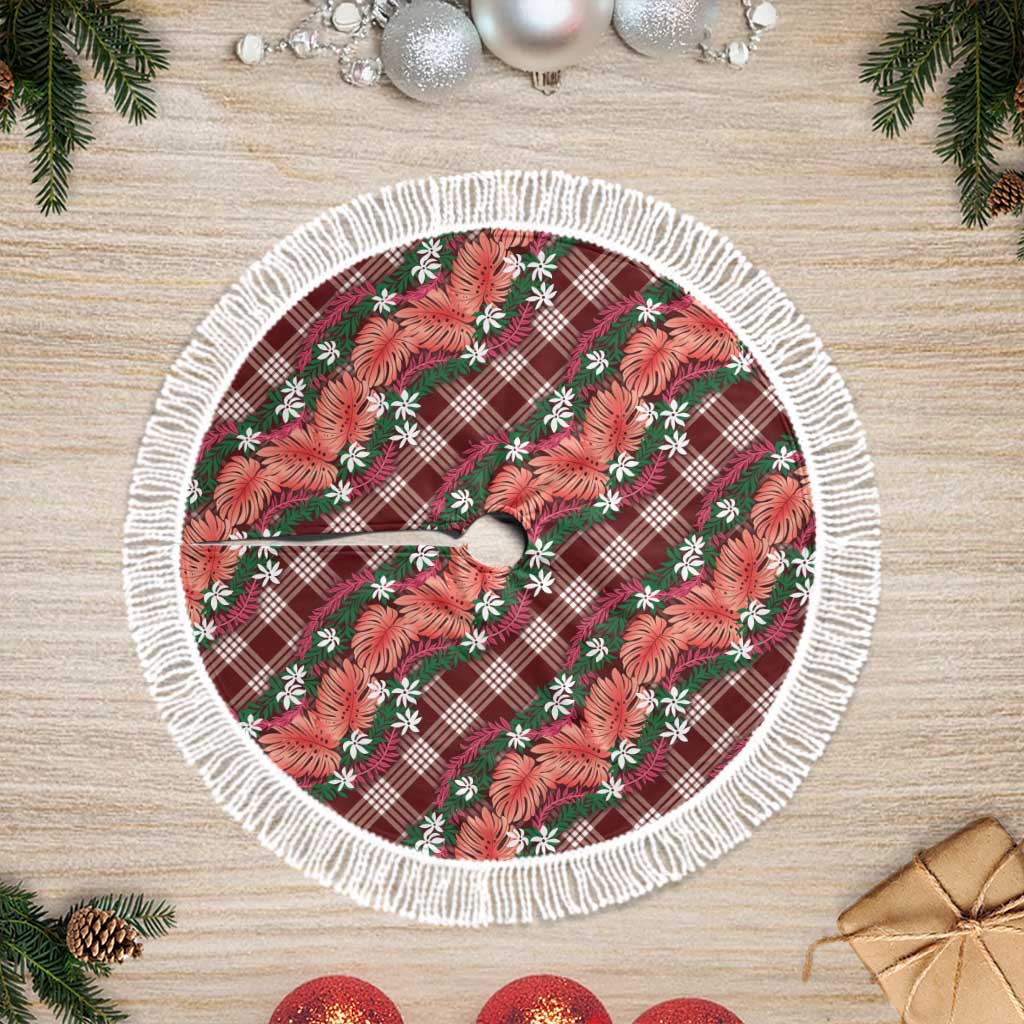 Polynesian Monstera Tiare Floral Tree Skirt Burgundy Tropical Plaid LT01 Fringed Red - Polynesian Pride