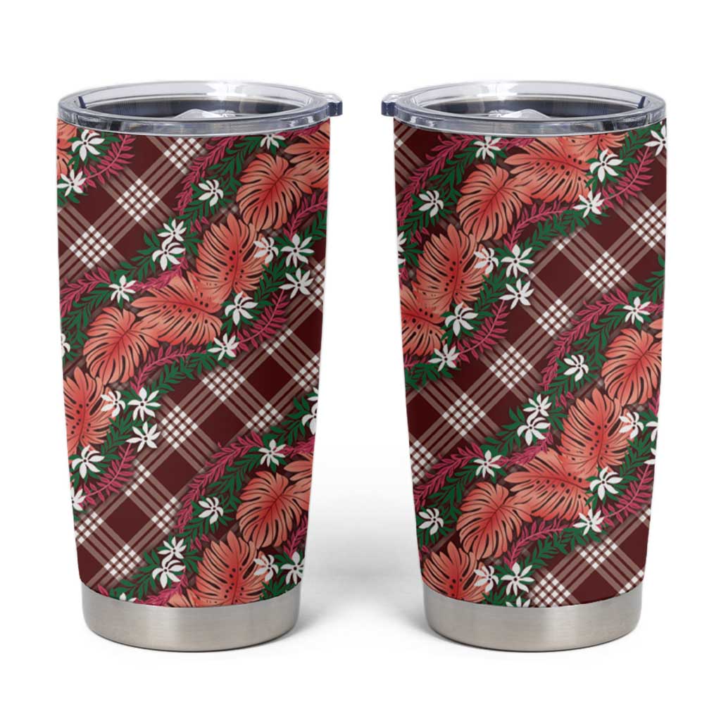 Polynesian Monstera Tiare Floral Tumbler Cup Burgundy Tropical Plaid LT01 Red - Polynesian Pride