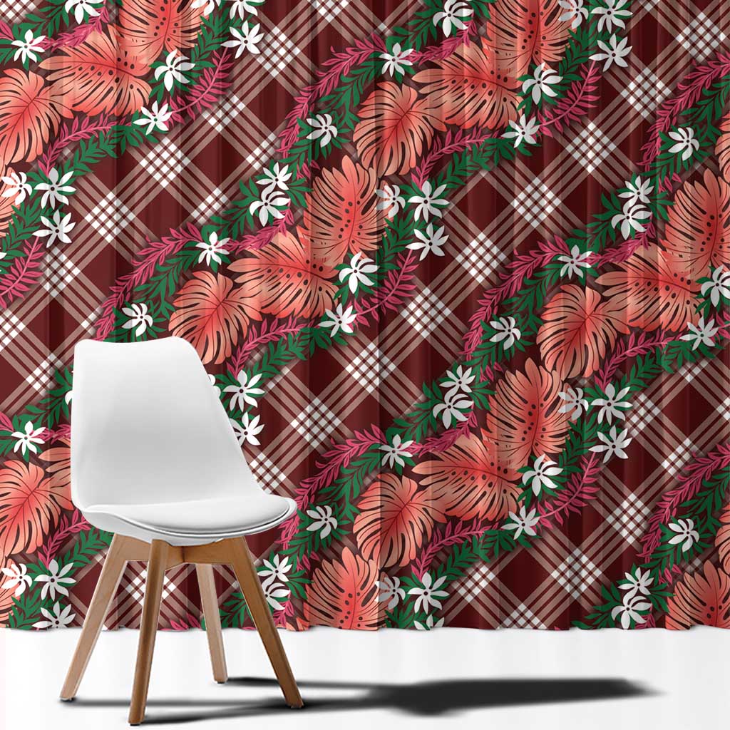 Polynesian Monstera Tiare Floral Window Curtain Burgundy Tropical Plaid - Polynesian Pride