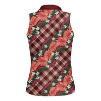 Polynesian Monstera Tiare Floral Women Sleeveless Polo Shirt Burgundy Tropical Plaid LT01 - Polynesian Pride