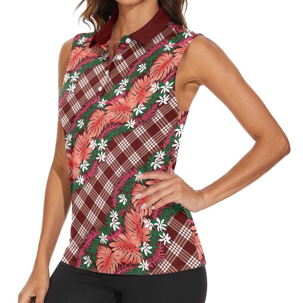 Polynesian Monstera Tiare Floral Women Sleeveless Polo Shirt Burgundy Tropical Plaid LT01 - Polynesian Pride