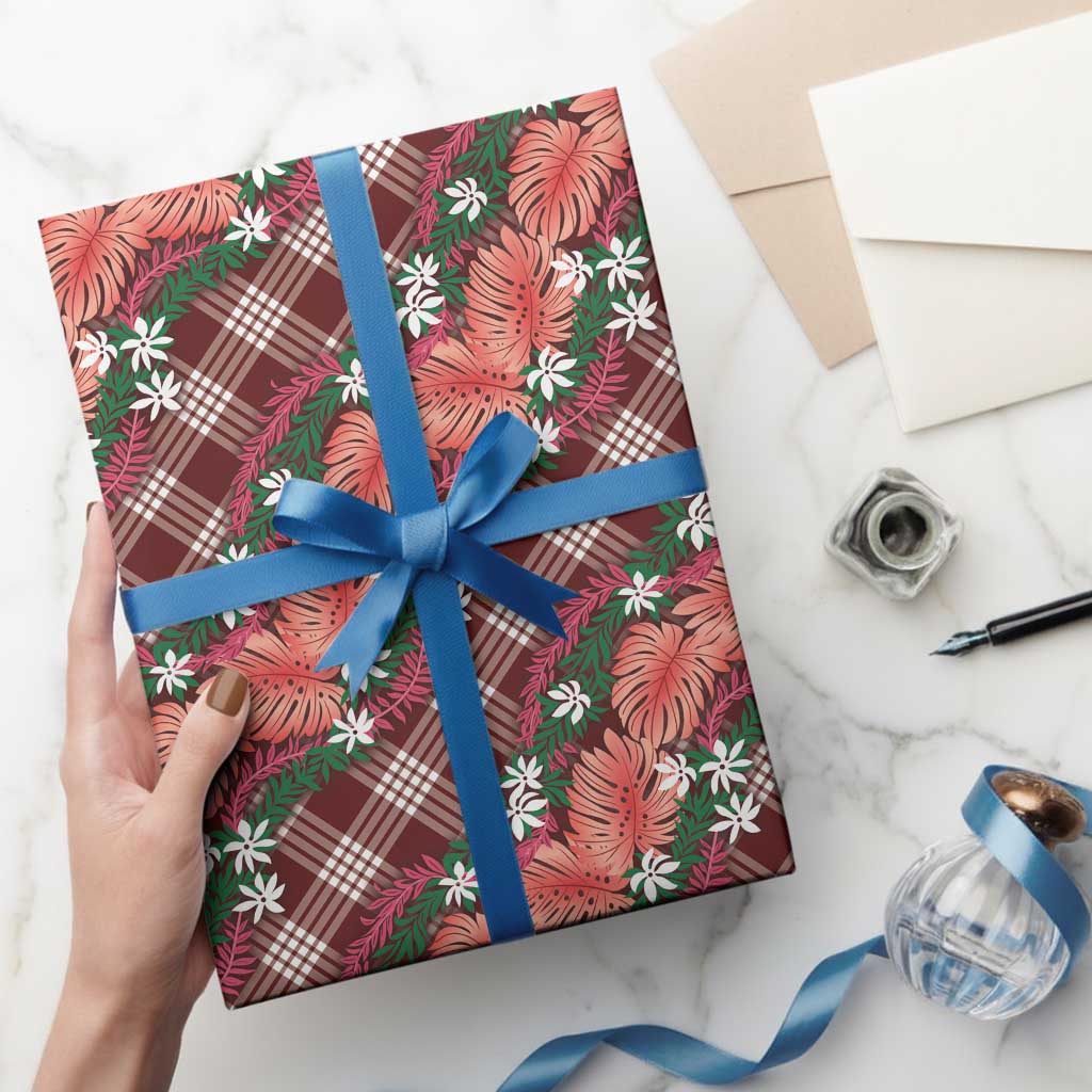 Polynesian Monstera Tiare Floral Wrapping Paper Burgundy Tropical Plaid LT01 - Polynesian Pride