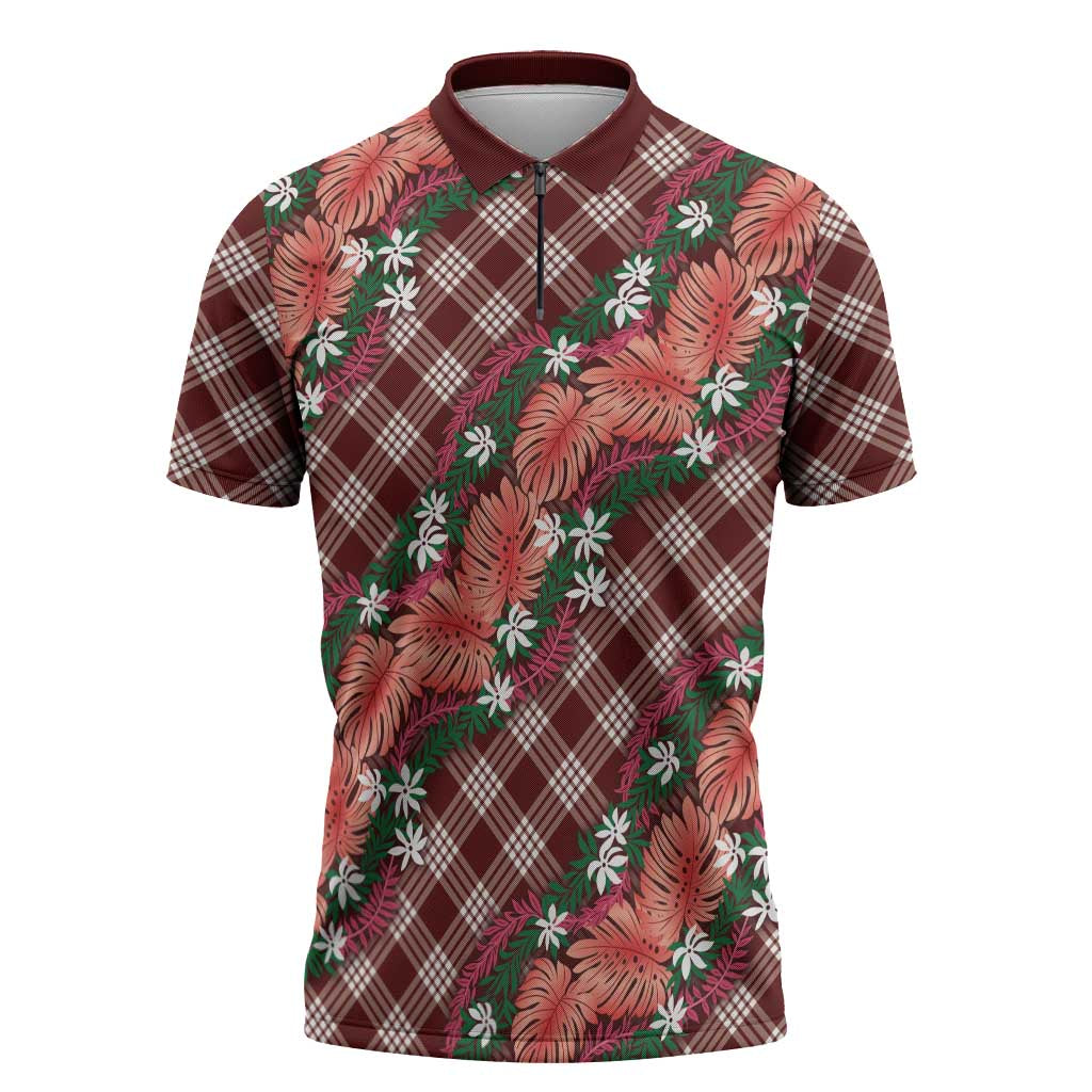 Polynesian Monstera Tiare Floral Zipper Polo Shirt Burgundy Tropical Plaid LT01 Red - Polynesian Pride