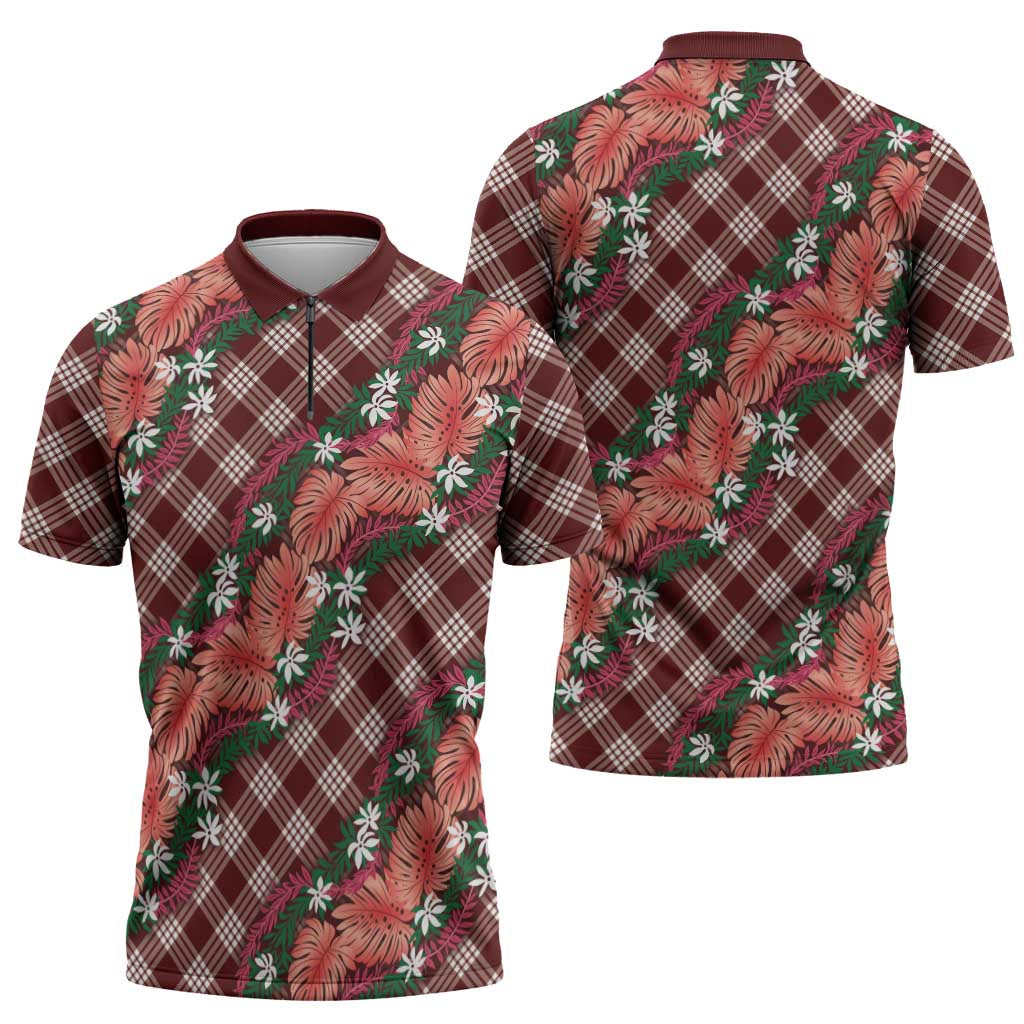 Polynesian Monstera Tiare Floral Zipper Polo Shirt Burgundy Tropical Plaid LT01 - Polynesian Pride