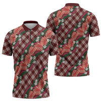 Polynesian Monstera Tiare Floral Zipper Polo Shirt Burgundy Tropical Plaid LT01 - Polynesian Pride