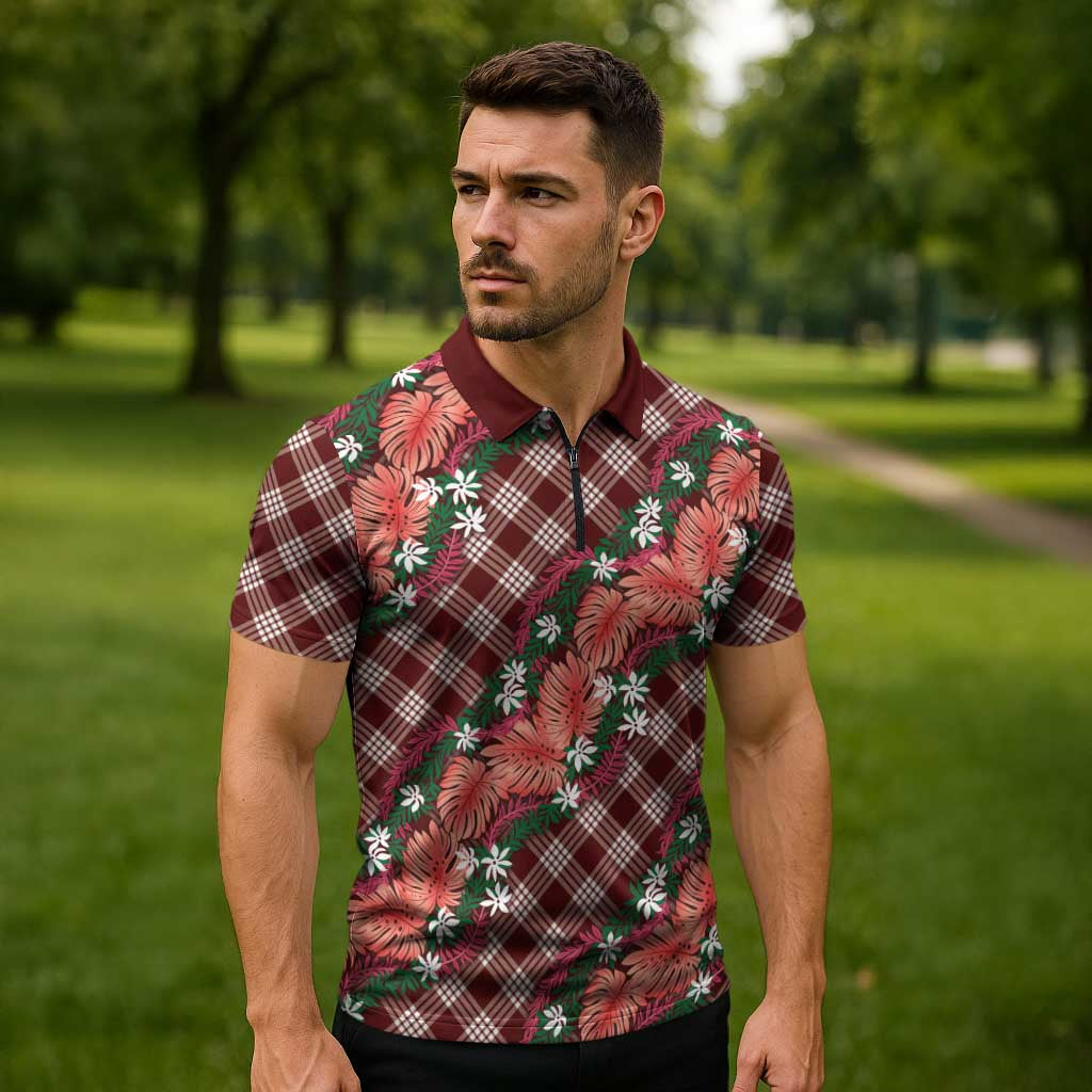 Polynesian Monstera Tiare Floral Zipper Polo Shirt Burgundy Tropical Plaid LT01 - Polynesian Pride