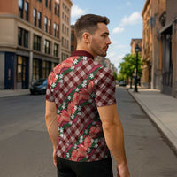Polynesian Monstera Tiare Floral Zipper Polo Shirt Burgundy Tropical Plaid LT01 - Polynesian Pride