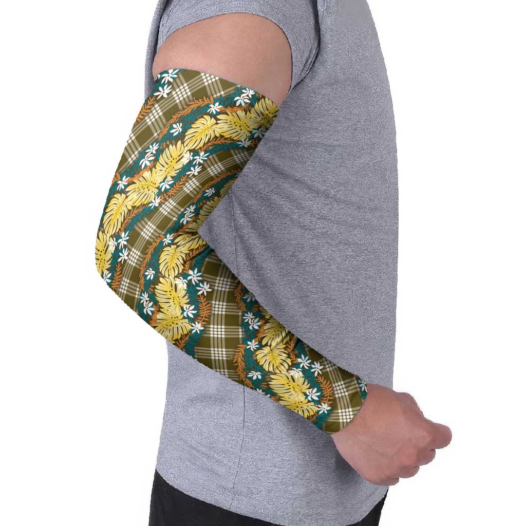 Polynesian Monstera Tiare Floral Arm Sleeves Yellow Tropical Plaid LT01 - Polynesian Pride