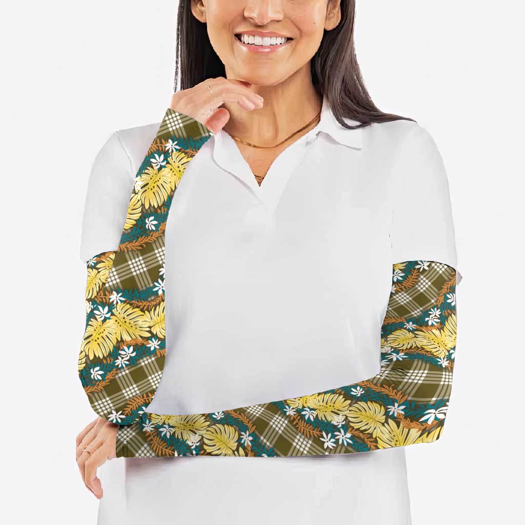 Polynesian Monstera Tiare Floral Arm Sleeves Yellow Tropical Plaid LT01 - Polynesian Pride