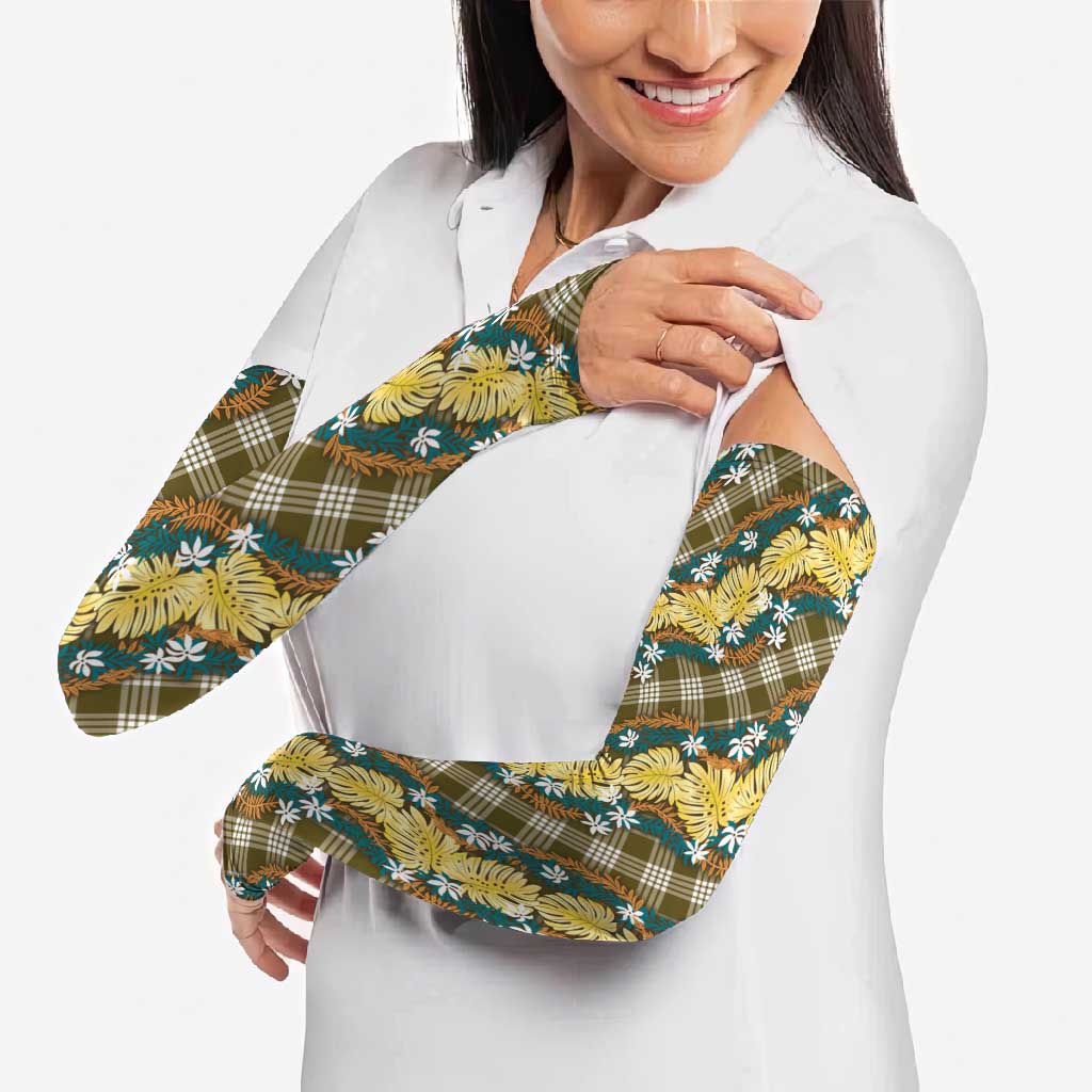 Polynesian Monstera Tiare Floral Arm Sleeves Yellow Tropical Plaid LT01 - Polynesian Pride