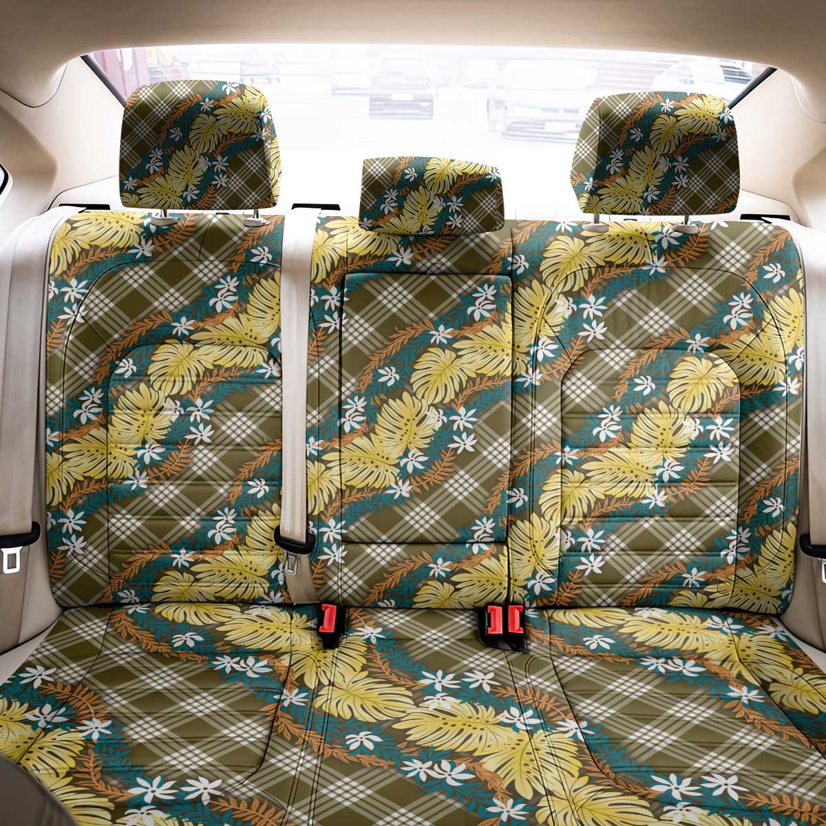Polynesian Monstera Tiare Floral Back Car Seat Cover Yellow Tropical Plaid LT01 - Polynesian Pride