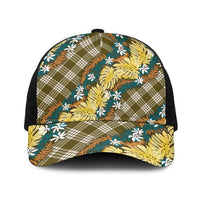 Polynesian Monstera Tiare Floral Baseball Net Cap Yellow Tropical Plaid - Polynesian Pride