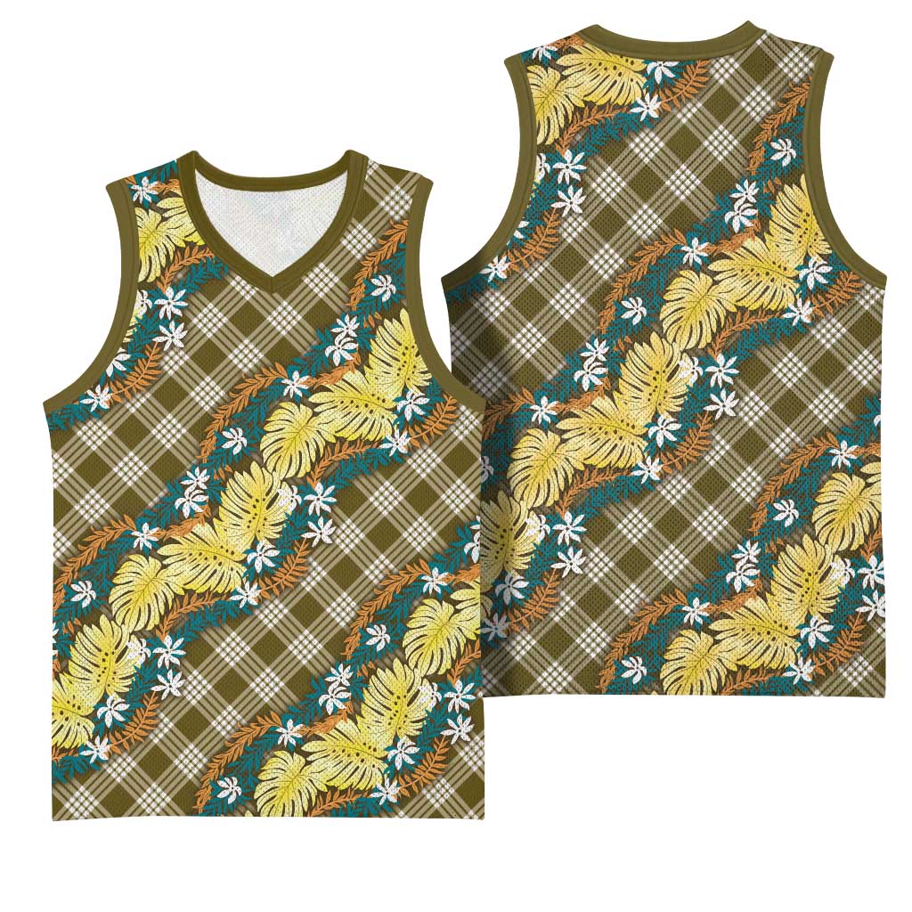 Polynesian Monstera Tiare Floral Basketball Jersey Yellow Tropical Plaid LT01 - Polynesian Pride