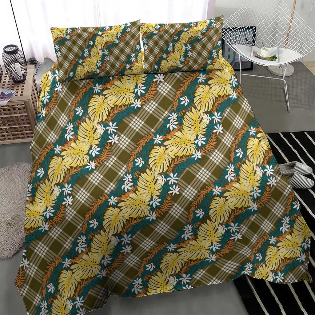 Polynesian Monstera Tiare Floral Bedding Set Yellow Tropical Plaid - Polynesian Pride