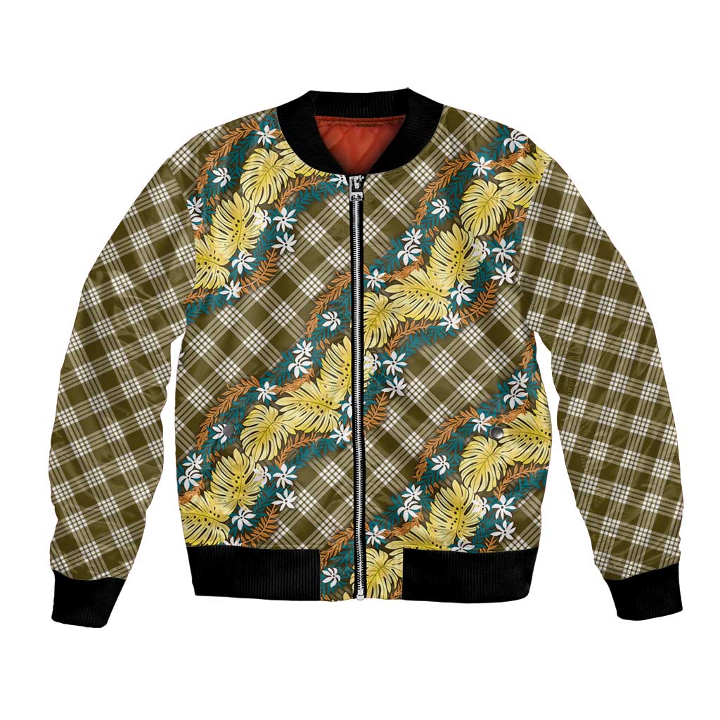 Polynesian Monstera Tiare Floral Bomber Jacket Yellow Tropical Plaid - Polynesian Pride