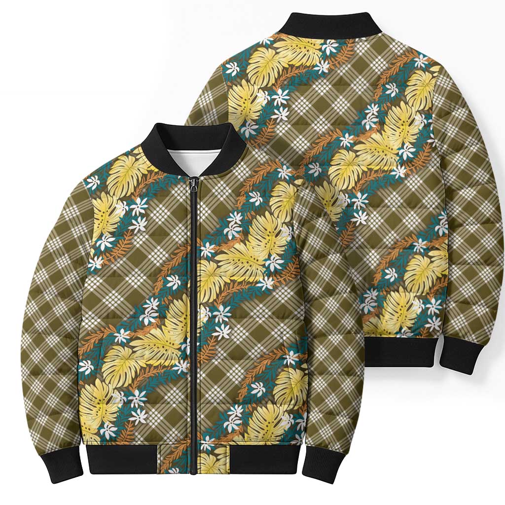 Polynesian Monstera Tiare Floral Bomber Puffer Jacket Yellow Tropical Plaid LT01 - Polynesian Pride