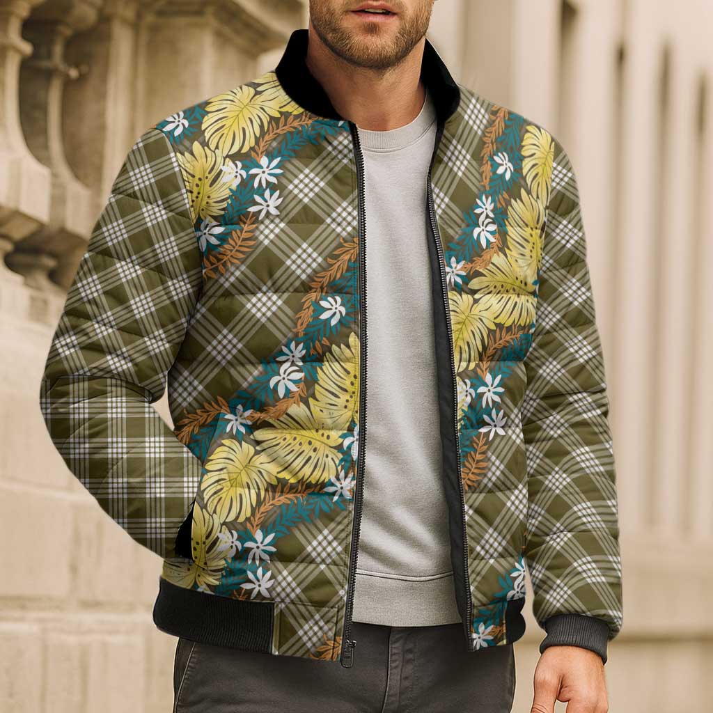 Polynesian Monstera Tiare Floral Bomber Puffer Jacket Yellow Tropical Plaid LT01 - Polynesian Pride