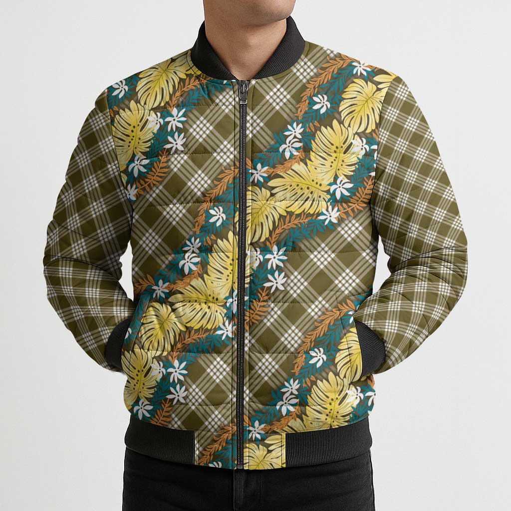 Polynesian Monstera Tiare Floral Bomber Puffer Jacket Yellow Tropical Plaid LT01 - Polynesian Pride