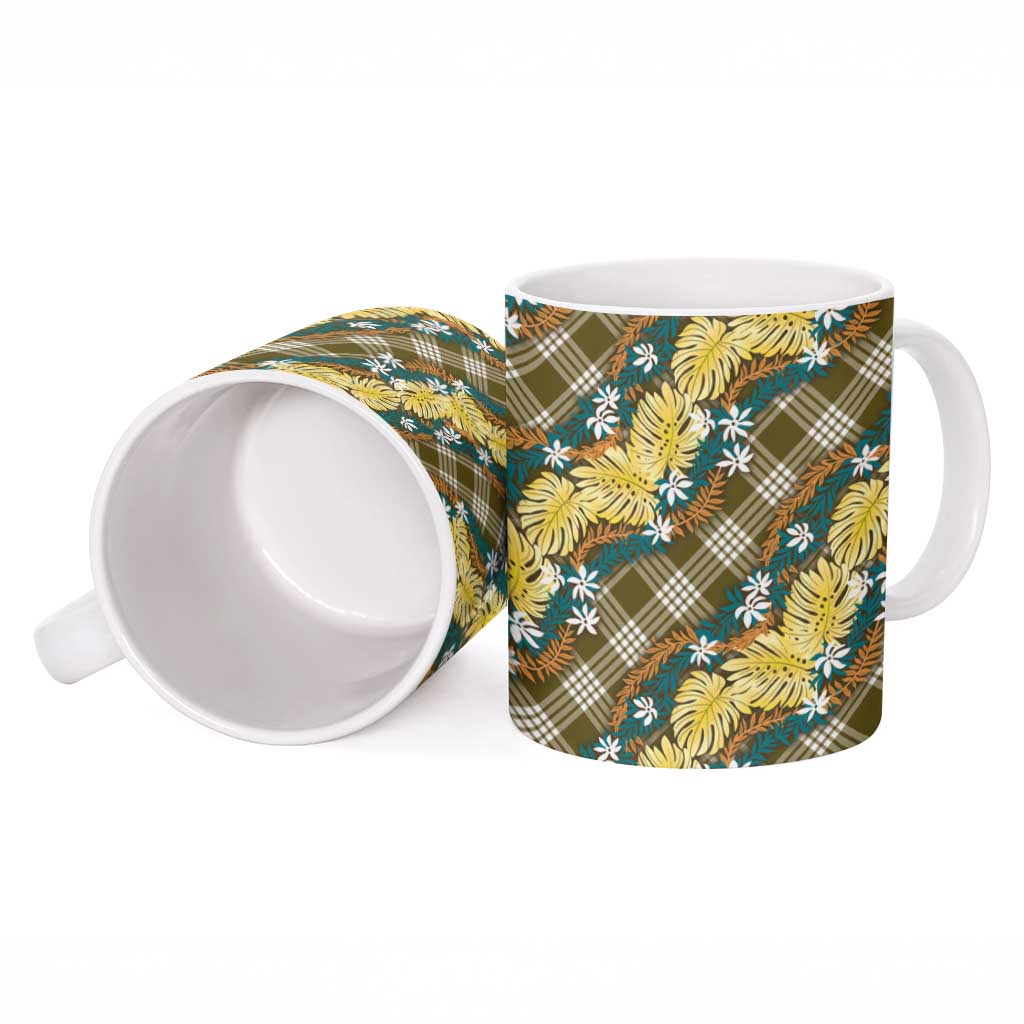 Polynesian Monstera Tiare Floral Ceramic Mug Yellow Tropical Plaid - Polynesian Pride