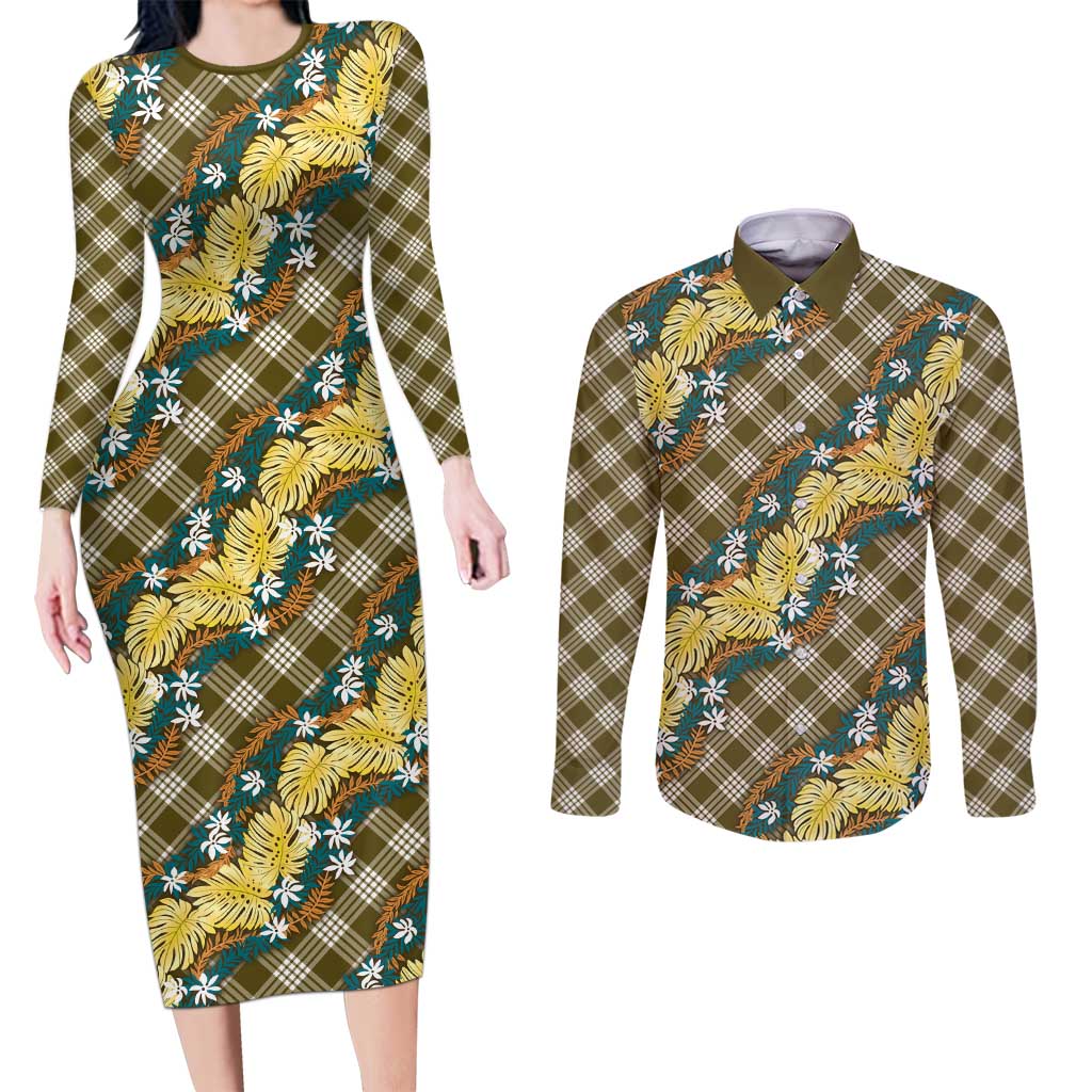 Polynesian Monstera Tiare Floral Couples Matching Long Sleeve Bodycon Dress and Long Sleeve Button Shirt Yellow Tropical Plaid - Polynesian Pride