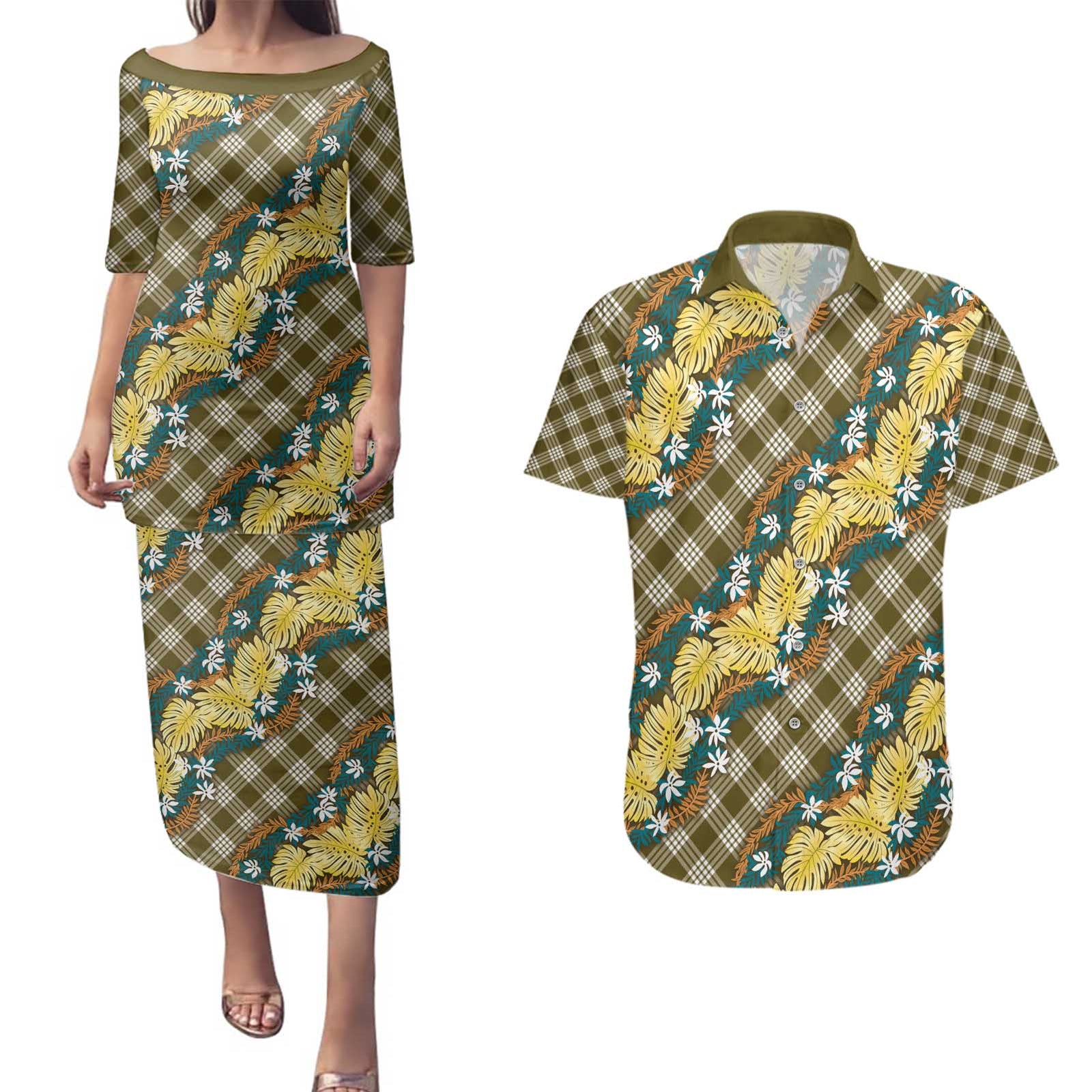 Polynesian Monstera Tiare Floral Couples Matching Puletasi and Hawaiian Shirt Yellow Tropical Plaid LT01 Yellow - Polynesian Pride