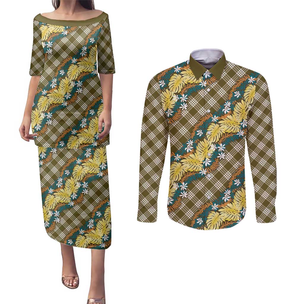 Polynesian Monstera Tiare Floral Couples Matching Puletasi and Long Sleeve Button Shirt Yellow Tropical Plaid LT01 Yellow - Polynesian Pride