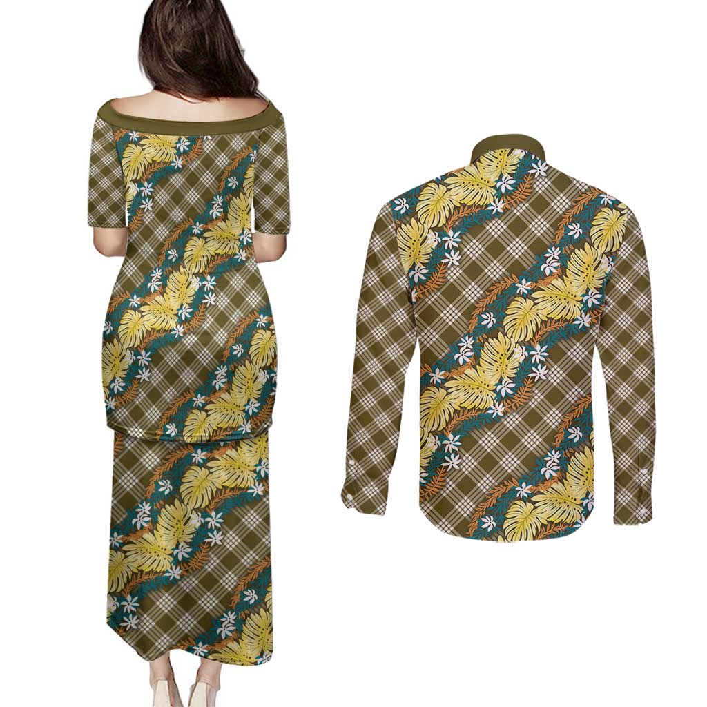 Polynesian Monstera Tiare Floral Couples Matching Puletasi and Long Sleeve Button Shirt Yellow Tropical Plaid LT01 - Polynesian Pride