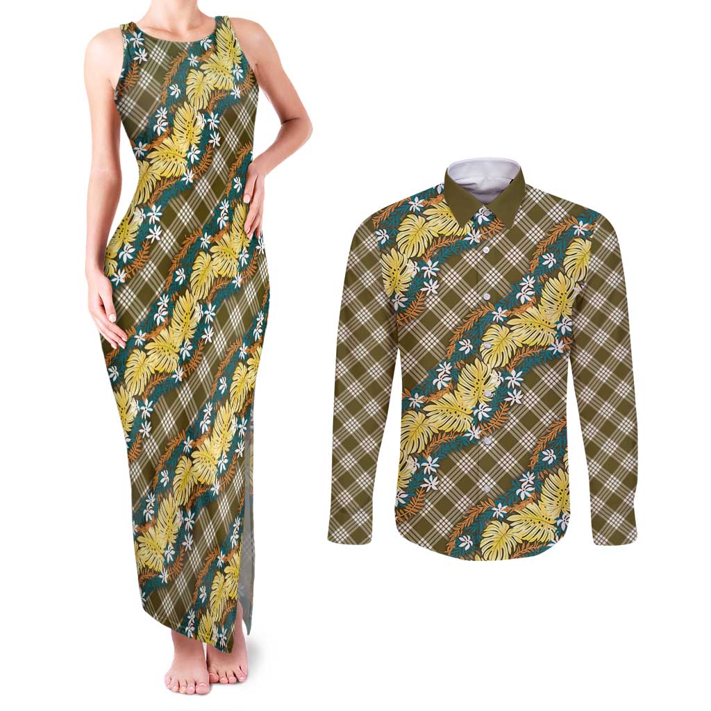 Polynesian Monstera Tiare Floral Couples Matching Tank Maxi Dress and Long Sleeve Button Shirt Yellow Tropical Plaid - Polynesian Pride