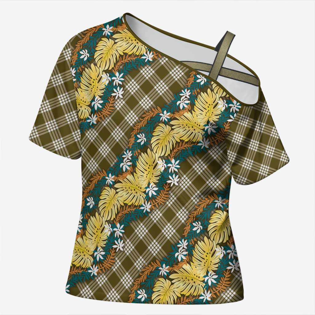 Polynesian Monstera Tiare Floral Cross Shoulder Shirt Yellow Tropical Plaid LT01 Female Yellow - Polynesian Pride