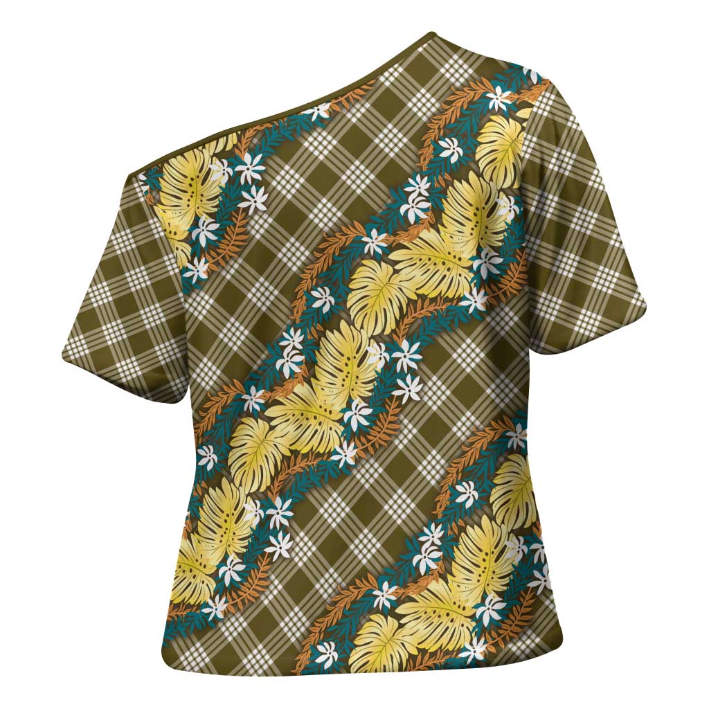 Polynesian Monstera Tiare Floral Cross Shoulder Shirt Yellow Tropical Plaid LT01 - Polynesian Pride