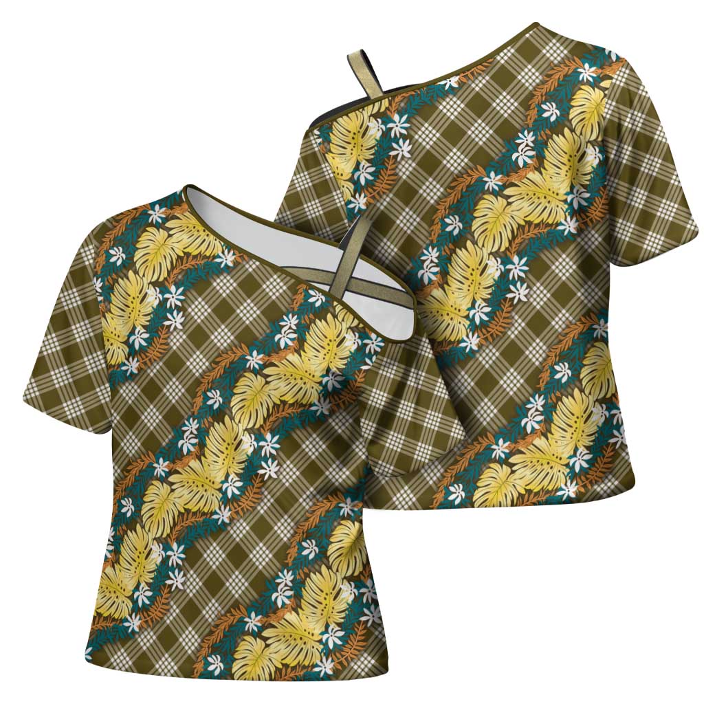 Polynesian Monstera Tiare Floral Cross Shoulder Shirt Yellow Tropical Plaid LT01 - Polynesian Pride