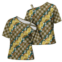Polynesian Monstera Tiare Floral Cross Shoulder Shirt Yellow Tropical Plaid LT01 - Polynesian Pride