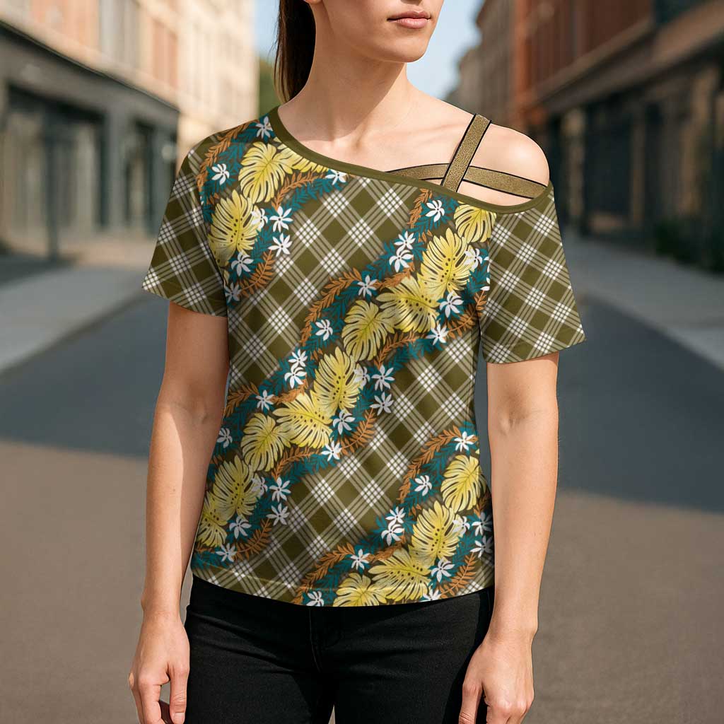 Polynesian Monstera Tiare Floral Cross Shoulder Shirt Yellow Tropical Plaid LT01 - Polynesian Pride