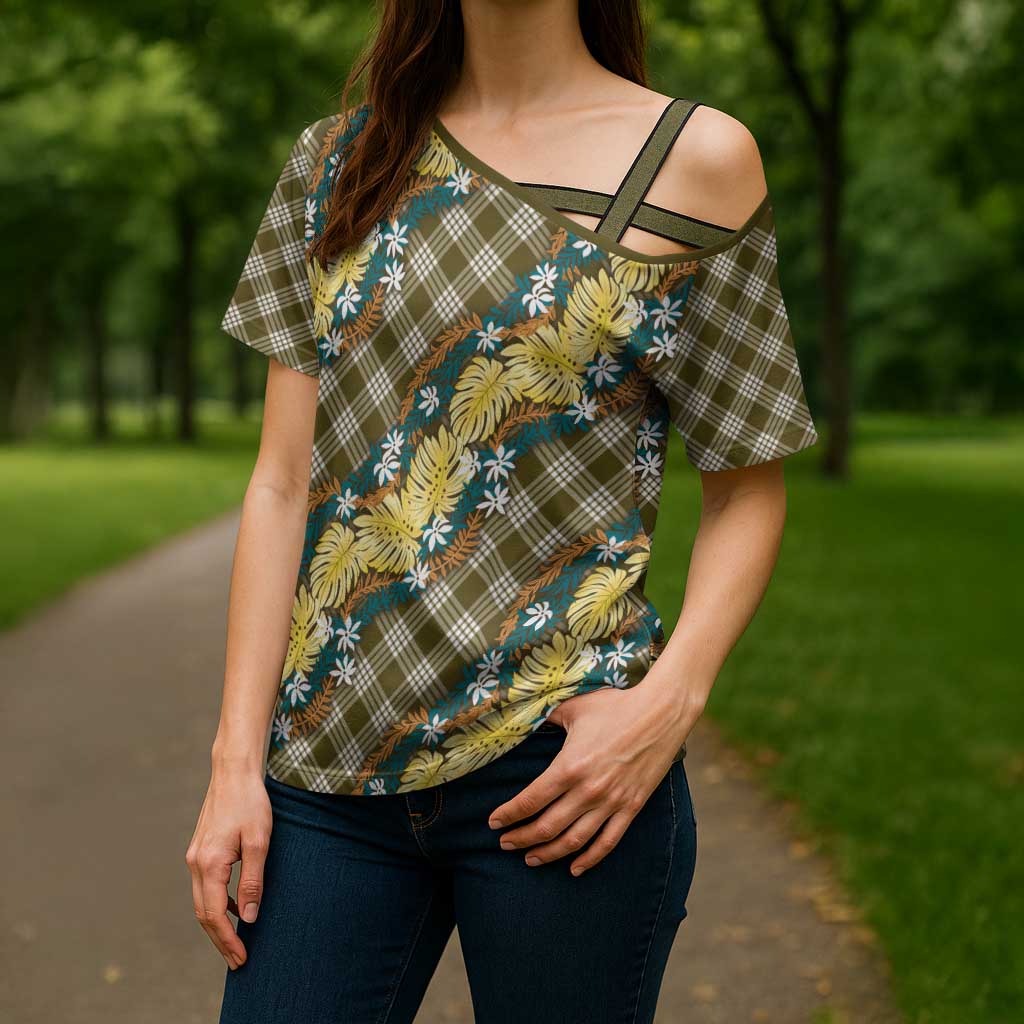 Polynesian Monstera Tiare Floral Cross Shoulder Shirt Yellow Tropical Plaid LT01 - Polynesian Pride