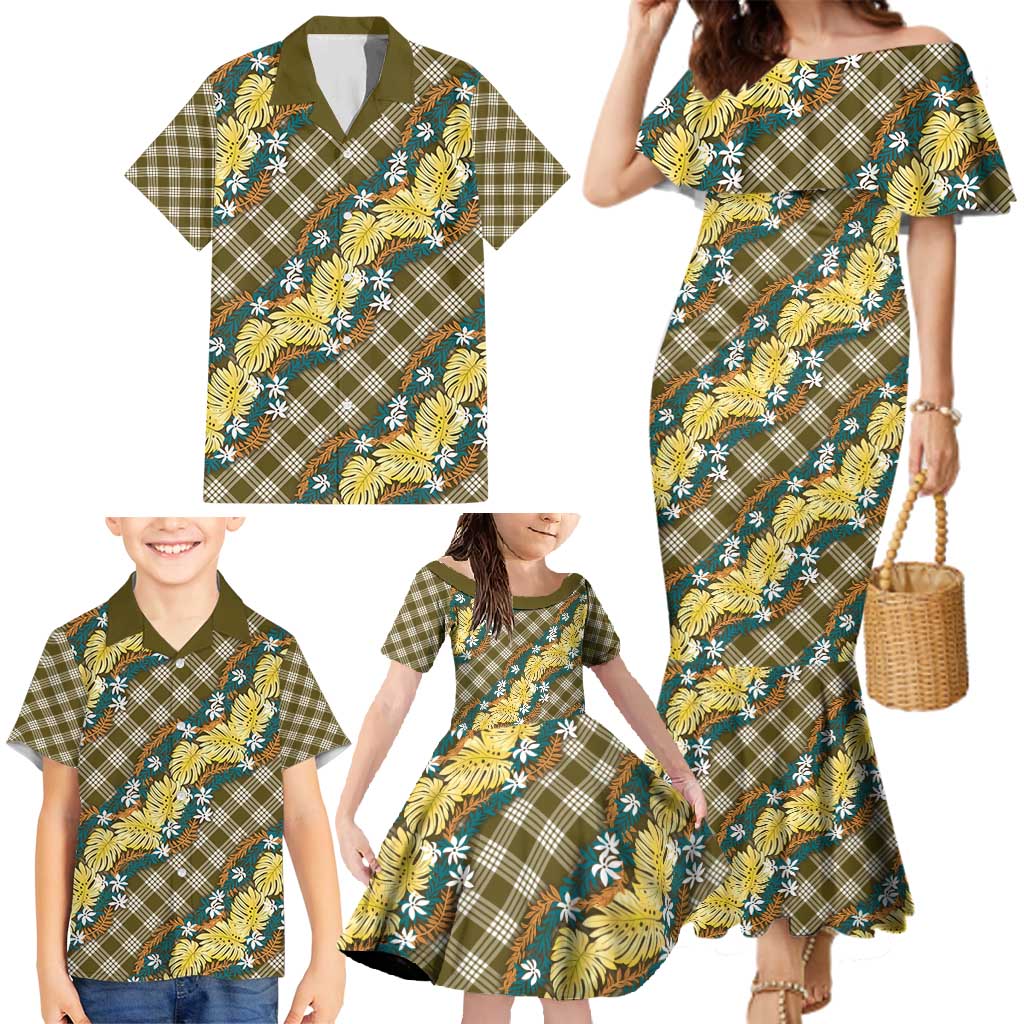 Polynesian Monstera Tiare Floral Family Matching Mermaid Dress and Hawaiian Shirt Yellow Tropical Plaid - Polynesian Pride